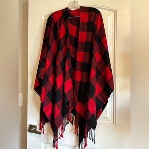 Buffalo Plaid Shawl Tasseled Wrap, Fall Winter Cardigan O/S